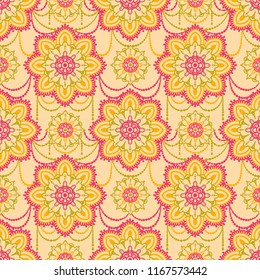 Seamless pattern with madala ornament, indian style, stylized jewelry, vector illustration