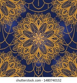 Seamless pattern with madala ornament, indian style, stylized golden jewelry in the night, vector illustration
