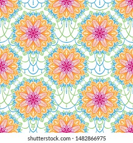 Seamless pattern with madala ornament, indian style, bright summer palette, vector illustration