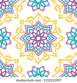 seamless pattern with madala ornament on white background, orient style, funky colors, vector illustration