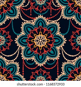 Seamless pattern with madala ornament on black background, indian style, stylized jewelry, vector illustration