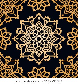 seamless pattern with madala ornament, orient style, black and golden, vector illustration