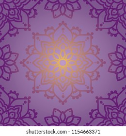 seamless pattern with madala ornament, orient style, golden and lilac, vector illustration