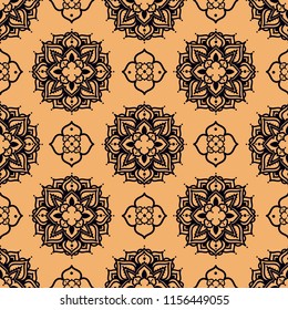 seamless pattern with madala ornament, orient or medieval style, black and golden, vector illustration