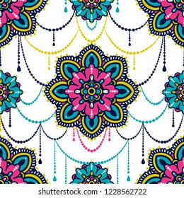 Seamless pattern with madala ornament and stylized jewelry on white background, indian style, vector illustration