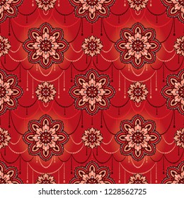 Seamless pattern with madala ornament and stylized jewelry, indian style, red colors, vector illustration