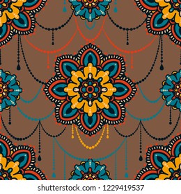 Seamless pattern with madala ornament and stylized jewelry, indian style, vector illustration