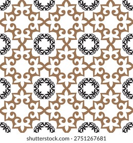 Seamless pattern made of abstract elements in gold, white and black. Traditional Central Asian ornament. Ethnic Asia ornament of the nomadic, Kazakh, Kyrgyz, Turk, Mongol, Turkmen. For ceramic, tile