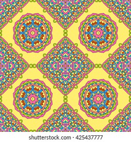 seamless pattern made from abstract mandalas on yellow background