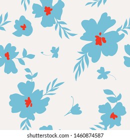 Seamless pattern made of abstract simple flowers. Flat floral ornament. Minimalistic botanical elements. Nature background for fashion, textile design, fabric, clothing, wrapper, surface.