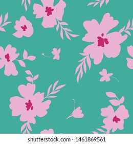 Seamless pattern made of abstract simple flowers. Flat floral ornament. Minimalistic botanical elements. Nature background for fashion, textile design, fabric, clothing, wrapper, surface.