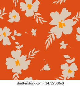 Seamless pattern made of abstract simple flowers. Flat floral ornament. Minimalistic botanical elements. Nature background for fashion, textile design, fabric, clothing, wrapper, surface.