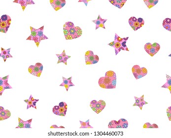 Seamless pattern made from abstract stars and hearts. Stars and hearts from different spring flowers. Isolated elements on a white background. Vector hand drawing illustration.