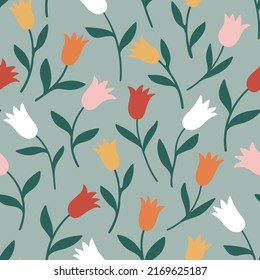 Seamless pattern made with abstract tulip flowers. Botanical shapes, naive vibes. Perfect as wallpaper, paper, textile print.