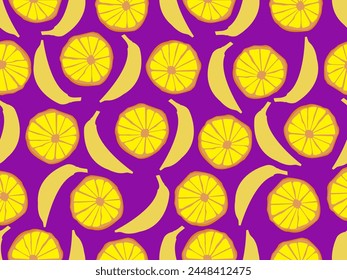 Seamless pattern made of banana and citrus (in the cross section). Isolated on purple background (backdrop). Fruit. Food. Vector illustration.