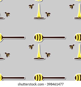 Seamless pattern made from bees, spoon and drop of honey on gray background. Design for beekeepers or stores of honey. Vector illustration.