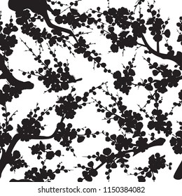 Seamless pattern made with black silhouette of flowering tree branches and shoots with flowers and buds on white background.  Monochrome texture with plum blossom.  