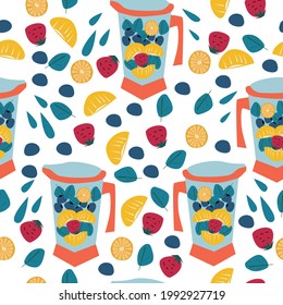 Seamless pattern made from blender and fruits such as orange, tangerine, spinach and blueberry. Vector illustration 