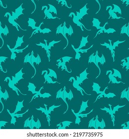 Nahtlose Muster aus blauen Drachen und Flügeldrachen. Endlos wiederholte monochrome Textur zum Bedrucken von Verpackungen, Geschenkpapier, Wrappern, Textilien, Umschlägen, Karten oder Leinen.