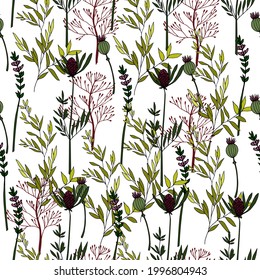 Seamless pattern made of branches with leaves, herbs. Hand drawn vector illustration