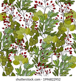 Seamless pattern made of branches with leaves, berries, herbs. Hand drawn vector illustration