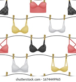 Seamless pattern made from bras. Women's underwear. Cartoon style. Vector illustration. Object for packaging, advertisements, menu.