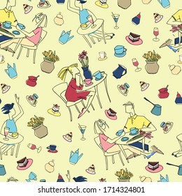 Seamless pattern made of cafe scenes and objects. Hand drawn vector illustrations on light-colored background