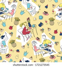 Seamless pattern made of cafe scenes and objects. Hand drawn vector illustrations on light-colored background