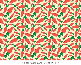 Seamless pattern made of carrots in different sizes and angles on light ochre background (backdrop). Food. vector illustration.