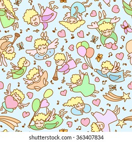 Seamless pattern made from cartoon girls, angels, cupids, hearts and notes