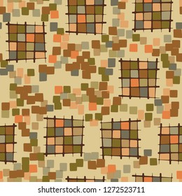 Seamless pattern made up of checkered fragments and rounded quadrangles. Colors of rusty iron.
