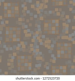 Seamless pattern made up of checkered fragments and rounded quadrangles. Colors of rusty iron.