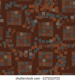 Seamless pattern made up of checkered fragments and rounded quadrangles. Colors of rusty iron.