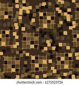 Seamless pattern made up of checkered fragments and rounded quadrangles. Colors of rusty iron.