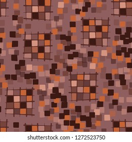 Seamless pattern made up of checkered fragments and rounded quadrangles. Colors of rusty iron.