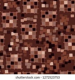 Seamless pattern made up of checkered fragments and rounded quadrangles. Colors of rusty iron.