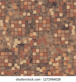 Seamless pattern made up of checkered fragments and rounded quadrangles. Colors of rusty iron. Translucent marble background.