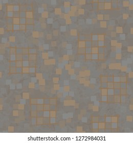 Seamless pattern made up of checkered fragments and rounded quadrangles. Colors of rusty iron. Translucent marble background.