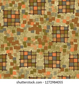 Seamless pattern made up of checkered fragments and rounded quadrangles. Colors of rusty iron. Translucent marble background.