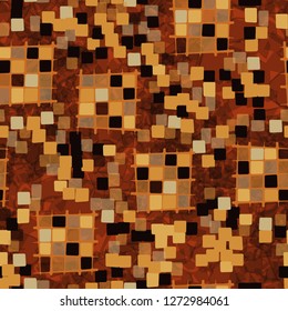Seamless pattern made up of checkered fragments and rounded quadrangles. Colors of rusty iron. Translucent marble background.