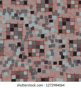 Seamless pattern made up of checkered fragments and rounded quadrangles. Colors of rusty iron. Translucent marble background.