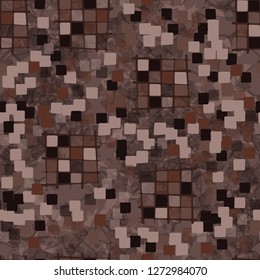 Seamless pattern made up of checkered fragments and rounded quadrangles. Colors of rusty iron. Translucent marble background.