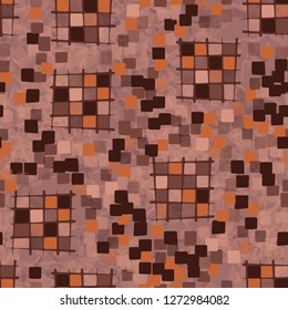 Seamless pattern made up of checkered fragments and rounded quadrangles. Colors of rusty iron. Translucent marble background.