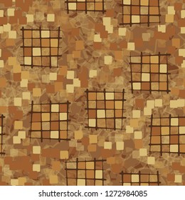 Seamless pattern made up of checkered fragments and rounded quadrangles. Colors of rusty iron. Translucent marble background.