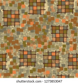Seamless pattern made up of checkered fragments and rounded quadrangles. Colors of rusty iron. Background consisting of silhouettes of translucent flowers. 