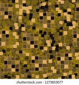 Seamless pattern made up of checkered fragments and rounded quadrangles. Colors of rusty iron. Background consisting of silhouettes of translucent flowers. 