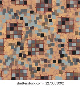 Seamless pattern made up of checkered fragments and rounded quadrangles. Colors of rusty iron. Background consisting of silhouettes of translucent flowers. 