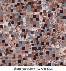 Seamless pattern made up of checkered fragments and rounded quadrangles. Colors of rusty iron. Background consisting of silhouettes of translucent flowers. 