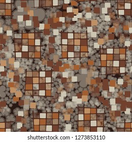 Seamless pattern made up of checkered fragments and rounded quadrangles. Colors of rusty iron. Background consisting of silhouettes of translucent flowers. 