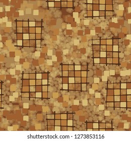 Seamless pattern made up of checkered fragments and rounded quadrangles. Colors of rusty iron. Background consisting of silhouettes of translucent flowers. 